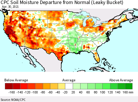 United States CPC Calculated Soil Moisture Anomaly (Leaky Bucket) Thematic Map For 4/26/2021 - 4/30/2021