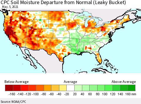 United States CPC Calculated Soil Moisture Anomaly (Leaky Bucket) Thematic Map For 5/1/2021 - 5/5/2021
