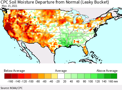United States CPC Calculated Soil Moisture Anomaly (Leaky Bucket) Thematic Map For 5/11/2021 - 5/15/2021
