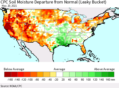 United States CPC Soil Moisture Departure from Normal (Leaky Bucket) Thematic Map For 5/16/2021 - 5/20/2021