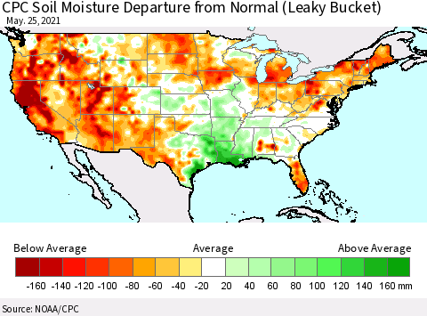 United States CPC Calculated Soil Moisture Anomaly (Leaky Bucket) Thematic Map For 5/21/2021 - 5/25/2021