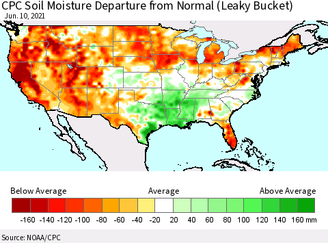 United States CPC Calculated Soil Moisture Anomaly (Leaky Bucket) Thematic Map For 6/6/2021 - 6/10/2021