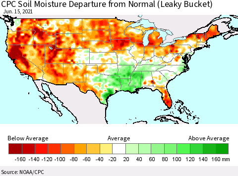United States CPC Calculated Soil Moisture Anomaly (Leaky Bucket) Thematic Map For 6/11/2021 - 6/15/2021