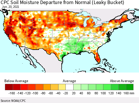 United States CPC Calculated Soil Moisture Anomaly (Leaky Bucket) Thematic Map For 6/16/2021 - 6/20/2021