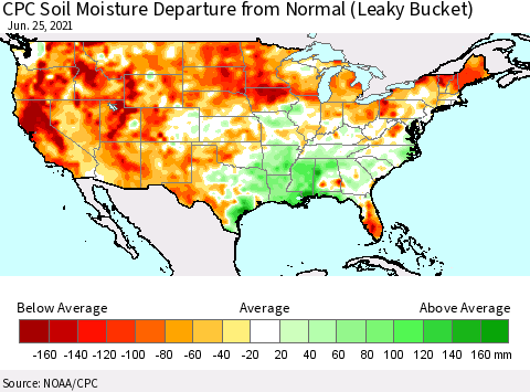 United States CPC Calculated Soil Moisture Anomaly (Leaky Bucket) Thematic Map For 6/21/2021 - 6/25/2021
