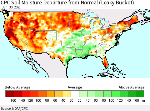 United States CPC Soil Moisture Departure from Normal (Leaky Bucket) Thematic Map For 6/26/2021 - 6/30/2021