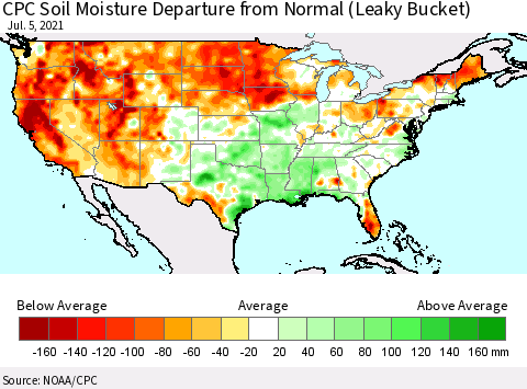 United States CPC Calculated Soil Moisture Anomaly (Leaky Bucket) Thematic Map For 7/1/2021 - 7/5/2021