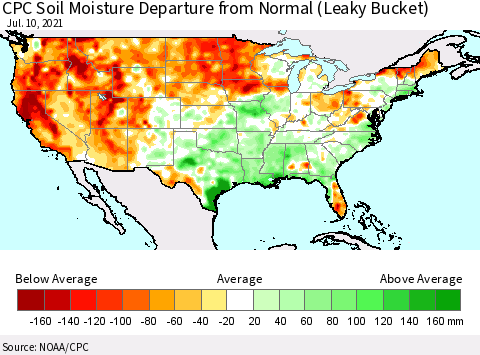 United States CPC Calculated Soil Moisture Anomaly (Leaky Bucket) Thematic Map For 7/6/2021 - 7/10/2021