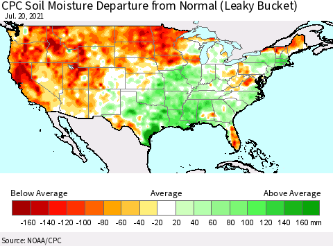 United States CPC Soil Moisture Departure from Normal (Leaky Bucket) Thematic Map For 7/16/2021 - 7/20/2021