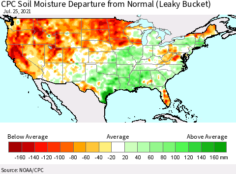 United States CPC Calculated Soil Moisture Anomaly (Leaky Bucket) Thematic Map For 7/21/2021 - 7/25/2021