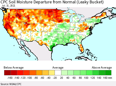 United States CPC Calculated Soil Moisture Anomaly (Leaky Bucket) Thematic Map For 7/26/2021 - 7/31/2021