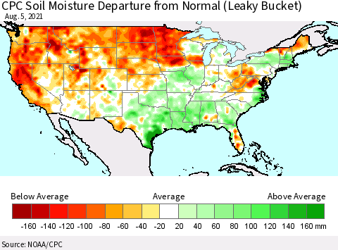 United States CPC Soil Moisture Departure from Normal (Leaky Bucket) Thematic Map For 8/1/2021 - 8/5/2021