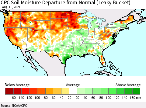 United States CPC Soil Moisture Departure from Normal (Leaky Bucket) Thematic Map For 8/11/2021 - 8/15/2021