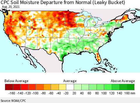 United States CPC Calculated Soil Moisture Anomaly (Leaky Bucket) Thematic Map For 8/16/2021 - 8/20/2021