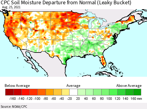 United States CPC Soil Moisture Departure from Normal (Leaky Bucket) Thematic Map For 8/21/2021 - 8/25/2021