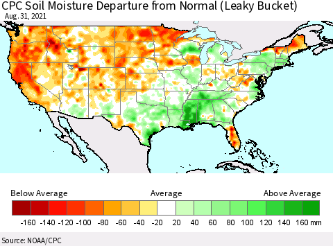 United States CPC Calculated Soil Moisture Anomaly (Leaky Bucket) Thematic Map For 8/26/2021 - 8/31/2021
