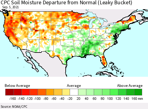 United States CPC Calculated Soil Moisture Anomaly (Leaky Bucket) Thematic Map For 9/1/2021 - 9/5/2021