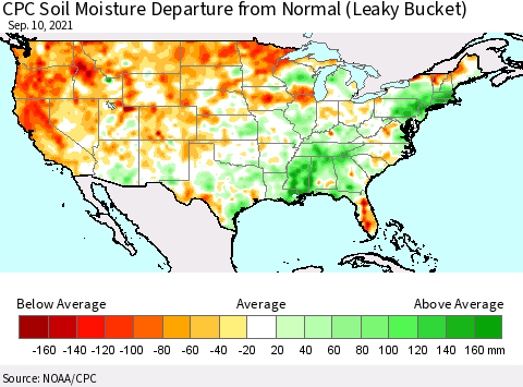 United States CPC Soil Moisture Departure from Normal (Leaky Bucket) Thematic Map For 9/6/2021 - 9/10/2021