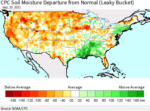 United States CPC Soil Moisture Departure from Normal (Leaky Bucket) Thematic Map For 9/16/2021 - 9/20/2021