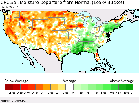 United States CPC Soil Moisture Departure from Normal (Leaky Bucket) Thematic Map For 9/21/2021 - 9/25/2021