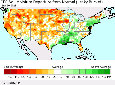 United States CPC Calculated Soil Moisture Anomaly (Leaky Bucket) Thematic Map For 9/26/2021 - 9/30/2021