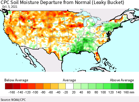 United States CPC Calculated Soil Moisture Anomaly (Leaky Bucket) Thematic Map For 10/1/2021 - 10/5/2021