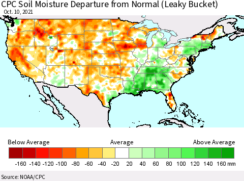 United States CPC Calculated Soil Moisture Anomaly (Leaky Bucket) Thematic Map For 10/6/2021 - 10/10/2021