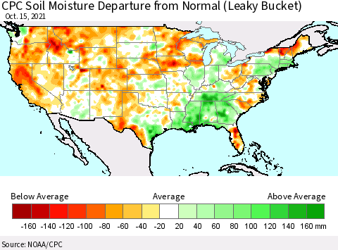 United States CPC Soil Moisture Departure from Normal (Leaky Bucket) Thematic Map For 10/11/2021 - 10/15/2021