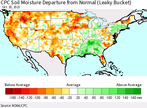 United States CPC Calculated Soil Moisture Anomaly (Leaky Bucket) Thematic Map For 10/16/2021 - 10/20/2021