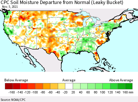 United States CPC Soil Moisture Departure from Normal (Leaky Bucket) Thematic Map For 11/1/2021 - 11/5/2021