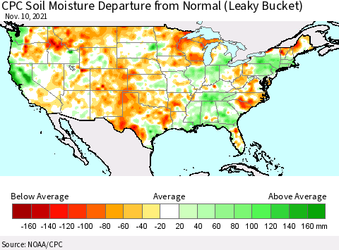United States CPC Calculated Soil Moisture Anomaly (Leaky Bucket) Thematic Map For 11/6/2021 - 11/10/2021