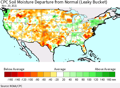 United States CPC Calculated Soil Moisture Anomaly (Leaky Bucket) Thematic Map For 11/16/2021 - 11/20/2021