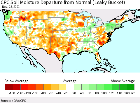 United States CPC Calculated Soil Moisture Anomaly (Leaky Bucket) Thematic Map For 11/21/2021 - 11/25/2021