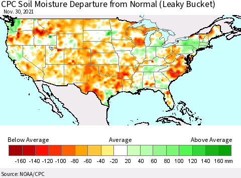 United States CPC Soil Moisture Departure from Normal (Leaky Bucket) Thematic Map For 11/26/2021 - 11/30/2021