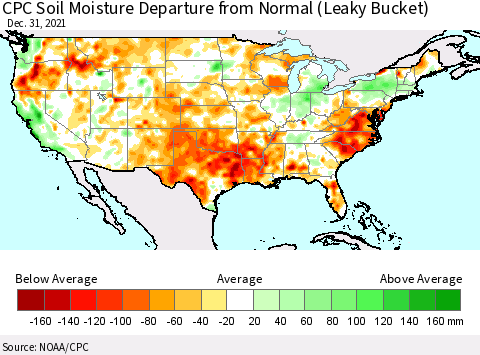 United States CPC Calculated Soil Moisture Anomaly (Leaky Bucket) Thematic Map For 12/26/2021 - 12/31/2021