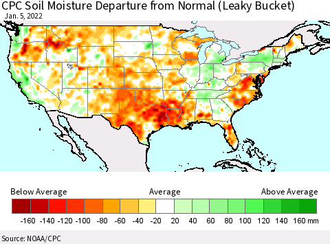 United States CPC Soil Moisture Departure from Normal (Leaky Bucket) Thematic Map For 1/1/2022 - 1/5/2022