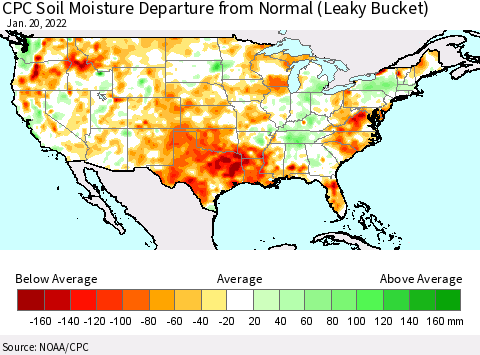 United States CPC Calculated Soil Moisture Anomaly (Leaky Bucket) Thematic Map For 1/16/2022 - 1/20/2022