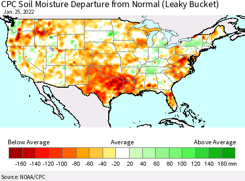 United States CPC Calculated Soil Moisture Anomaly (Leaky Bucket) Thematic Map For 1/21/2022 - 1/25/2022