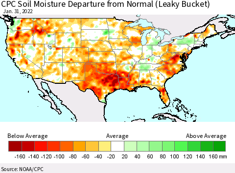 United States CPC Soil Moisture Departure from Normal (Leaky Bucket) Thematic Map For 1/26/2022 - 1/31/2022