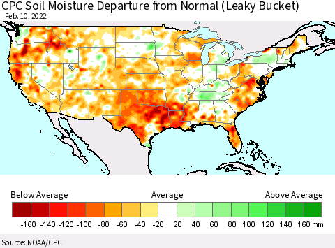 United States CPC Calculated Soil Moisture Anomaly (Leaky Bucket) Thematic Map For 2/6/2022 - 2/10/2022