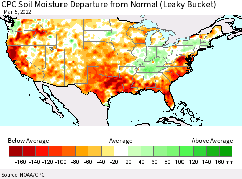 United States CPC Calculated Soil Moisture Anomaly (Leaky Bucket) Thematic Map For 3/1/2022 - 3/5/2022