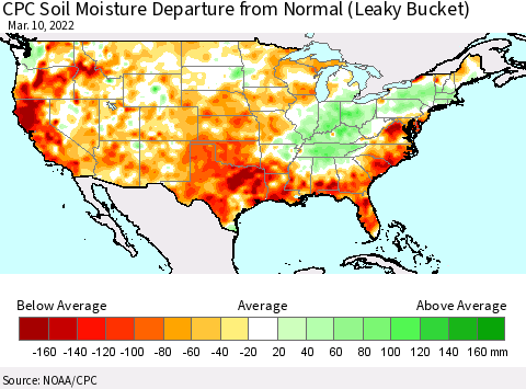 United States CPC Calculated Soil Moisture Anomaly (Leaky Bucket) Thematic Map For 3/6/2022 - 3/10/2022