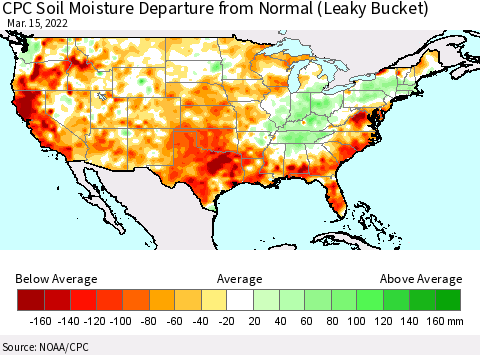 United States CPC Calculated Soil Moisture Anomaly (Leaky Bucket) Thematic Map For 3/11/2022 - 3/15/2022