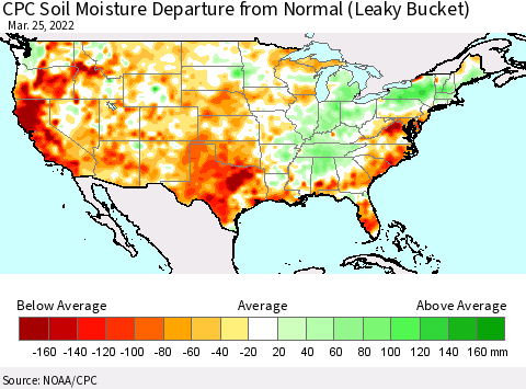 United States CPC Calculated Soil Moisture Anomaly (Leaky Bucket) Thematic Map For 3/21/2022 - 3/25/2022