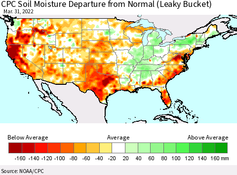 United States CPC Calculated Soil Moisture Anomaly (Leaky Bucket) Thematic Map For 3/26/2022 - 3/31/2022