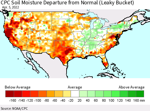 United States CPC Calculated Soil Moisture Anomaly (Leaky Bucket) Thematic Map For 4/1/2022 - 4/5/2022