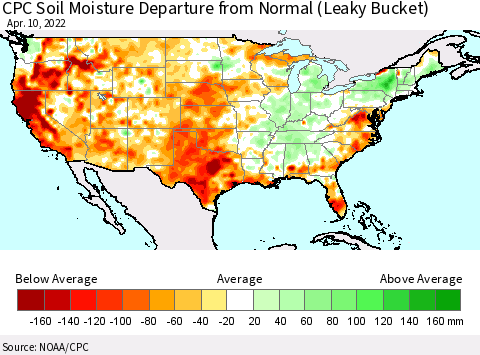 United States CPC Calculated Soil Moisture Anomaly (Leaky Bucket) Thematic Map For 4/6/2022 - 4/10/2022