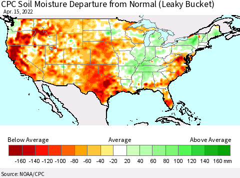 United States CPC Calculated Soil Moisture Anomaly (Leaky Bucket) Thematic Map For 4/11/2022 - 4/15/2022