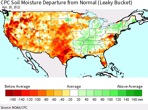 United States CPC Calculated Soil Moisture Anomaly (Leaky Bucket) Thematic Map For 4/16/2022 - 4/20/2022