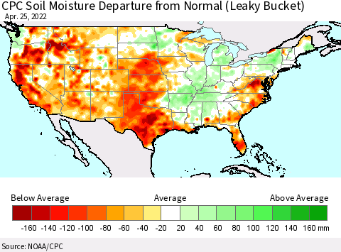 United States CPC Soil Moisture Departure from Normal (Leaky Bucket) Thematic Map For 4/21/2022 - 4/25/2022